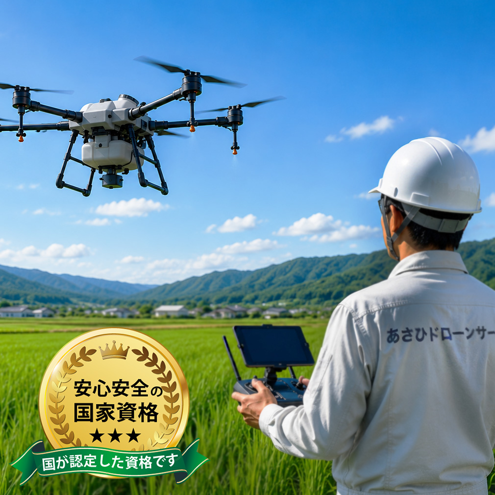 農薬ドローンを操作する操縦士の画像